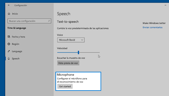 Captura de pantalla sobre cómo configurar el reconocimiento de voz para Windows 10.
