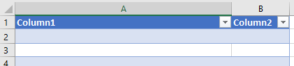 Captura de pantalla del archivo de Excel, con la tabla insertada con valores de Column1 y Column2 que se pueden ordenar