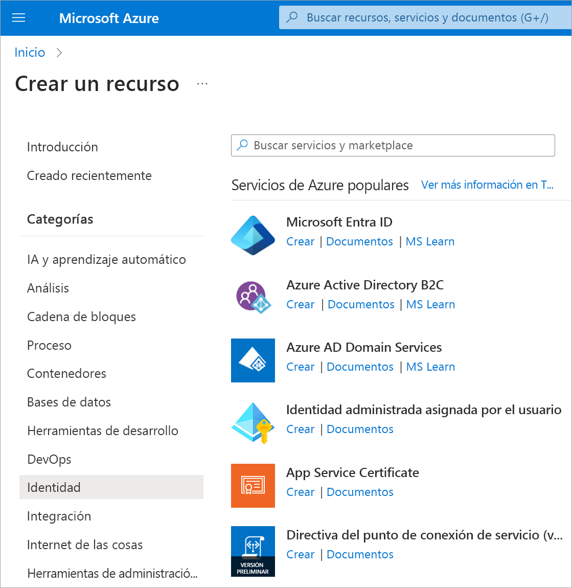 Screenshot that shows Microsoft Entra ID in the Azure Marketplace.