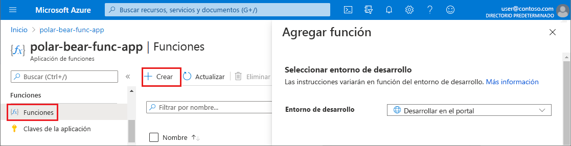 Screenshot that highlights the elements to select to add a function in the Azure portal.