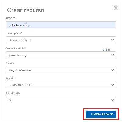 Screenshot that shows the complete settings for a Azure AI services resource, with the Create resource button selected.