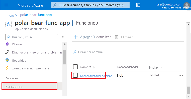 Screenshot that shows selections to make in the Azure portal to view the blob trigger function app.