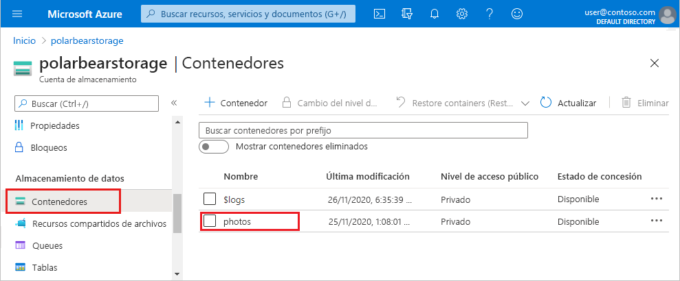 Screenshot that highlights the items you select in the Azure portal to open the photos container.