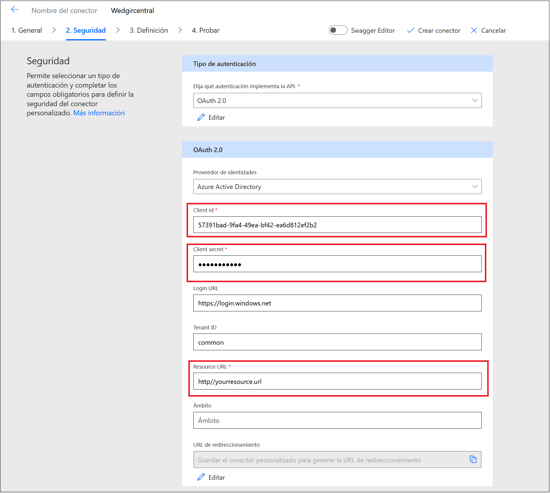 Captura de pantalla de configuración de seguridad con Azure Active Directory seleccionado como opción de autenticación