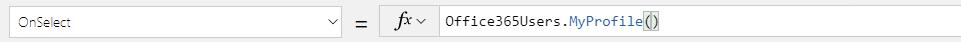 Captura de pantalla de un botón con Office365Users.MyProfile() como la propiedad OnSelect.