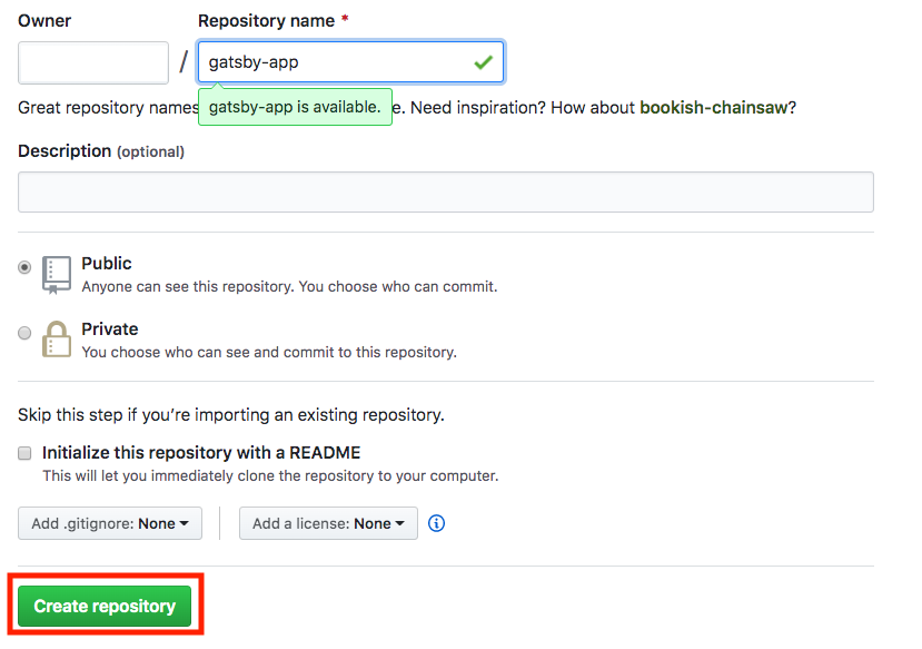 Screenshot showing how to name GitHub repository.