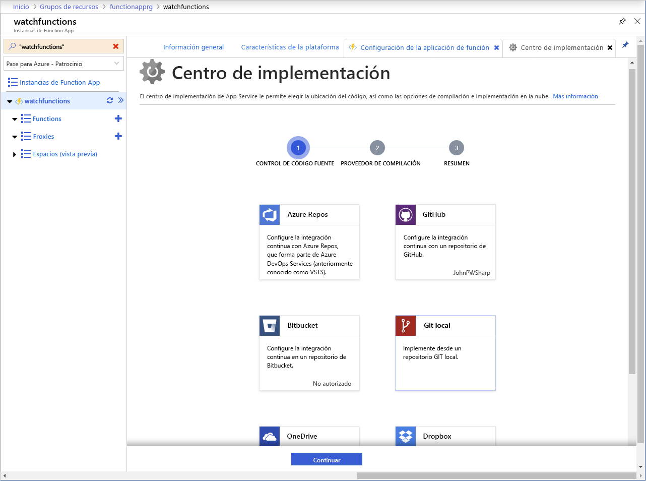 Captura de pantalla de la página Centro de implementación en una aplicación de Azure Functions.