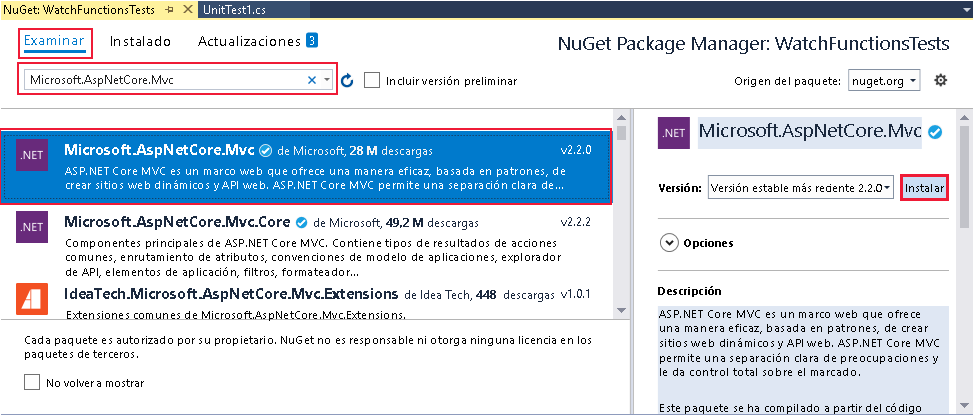 Captura de pantalla de la ventana Administrador de paquetes NuGet. El usuario instala el paquete Microsoft.AspNetCore.Mvc.