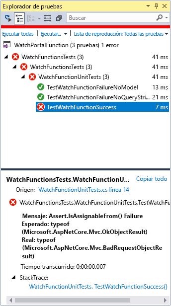 Captura de pantalla de la ventana de Team Explorer. Error en la prueba TestWatchFunctionSuccess.