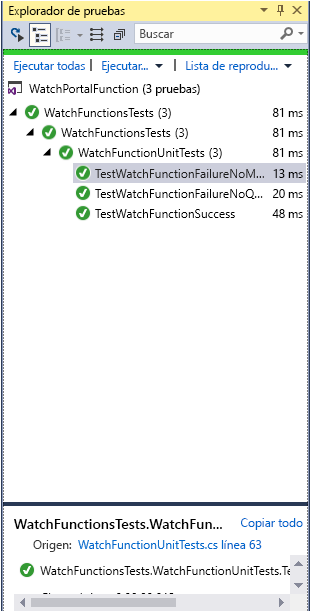 Captura de pantalla de la ventana de Team Explorer. Las tres pruebas se han ejecutado correctamente.
