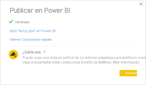 Captura de pantalla del mensaje de operación correcta Publicación en Power BI.