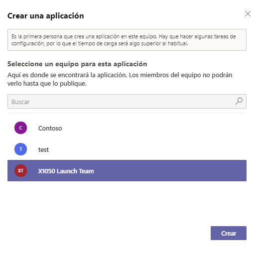 Captura de pantalla del botón Crear para crear una aplicación.