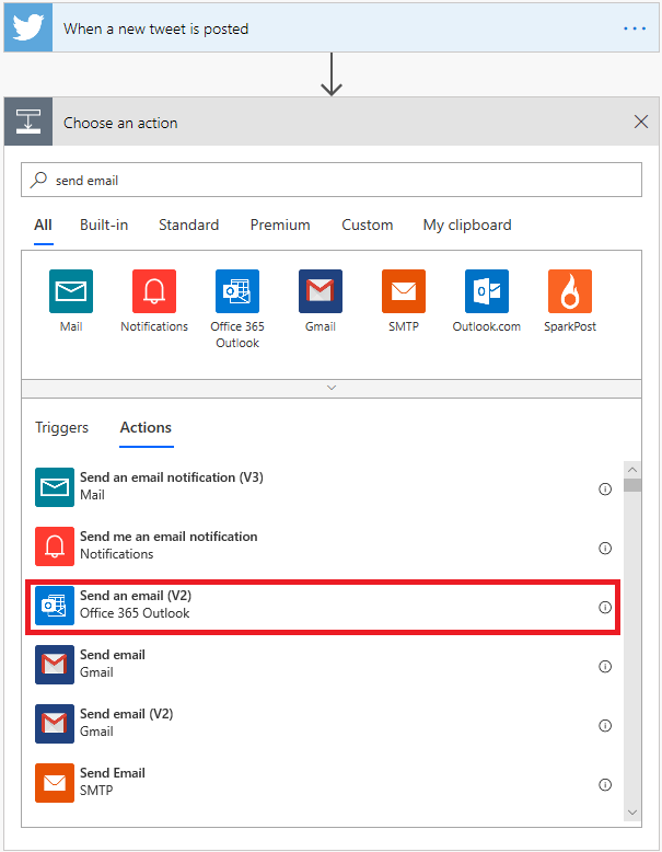 Captura de pantalla de la acción Office 365 Outlook: enviar un correo electrónico.