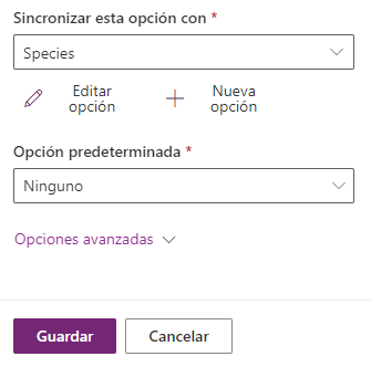 Captura de pantalla de Sincronizar esta opción con y Species seleccionadas