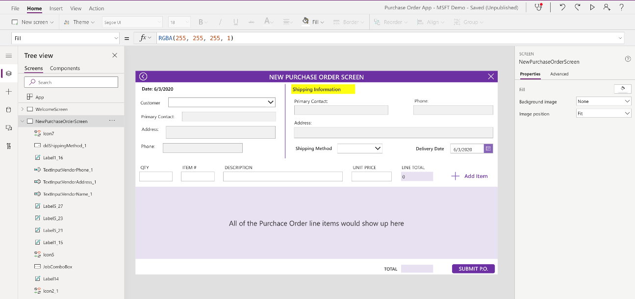 Captura de pantalla de un prototipo de una nueva aplicación de pedido de compra.