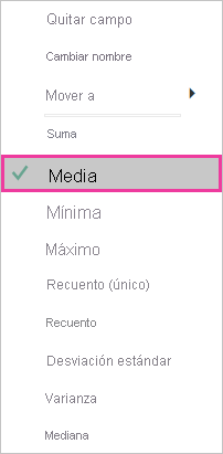 Captura de pantalla de la lista de agregados con la opción Promedio seleccionada y destacada.