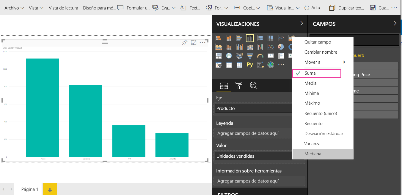 Captura de pantalla del gráfico, el panel Visualizaciones y la lista Campos con la opción Suma destacada