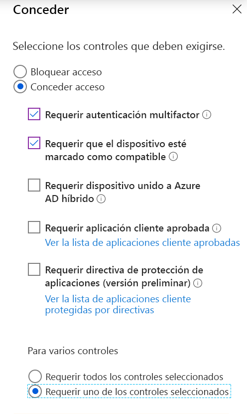 Screenshot of the access control grant settings with the options selected: Require multifactor authentication, Require device compliant, and Require one of the selected controls.