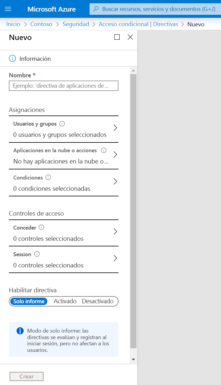 Screenshot that shows a new Conditional Access policy with no assignments or access controls set.