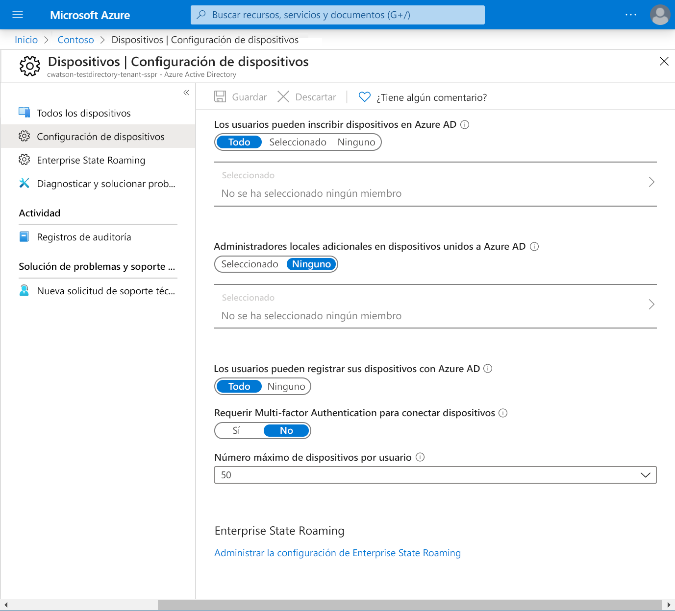 Screenshot of the Microsoft Entra device settings.