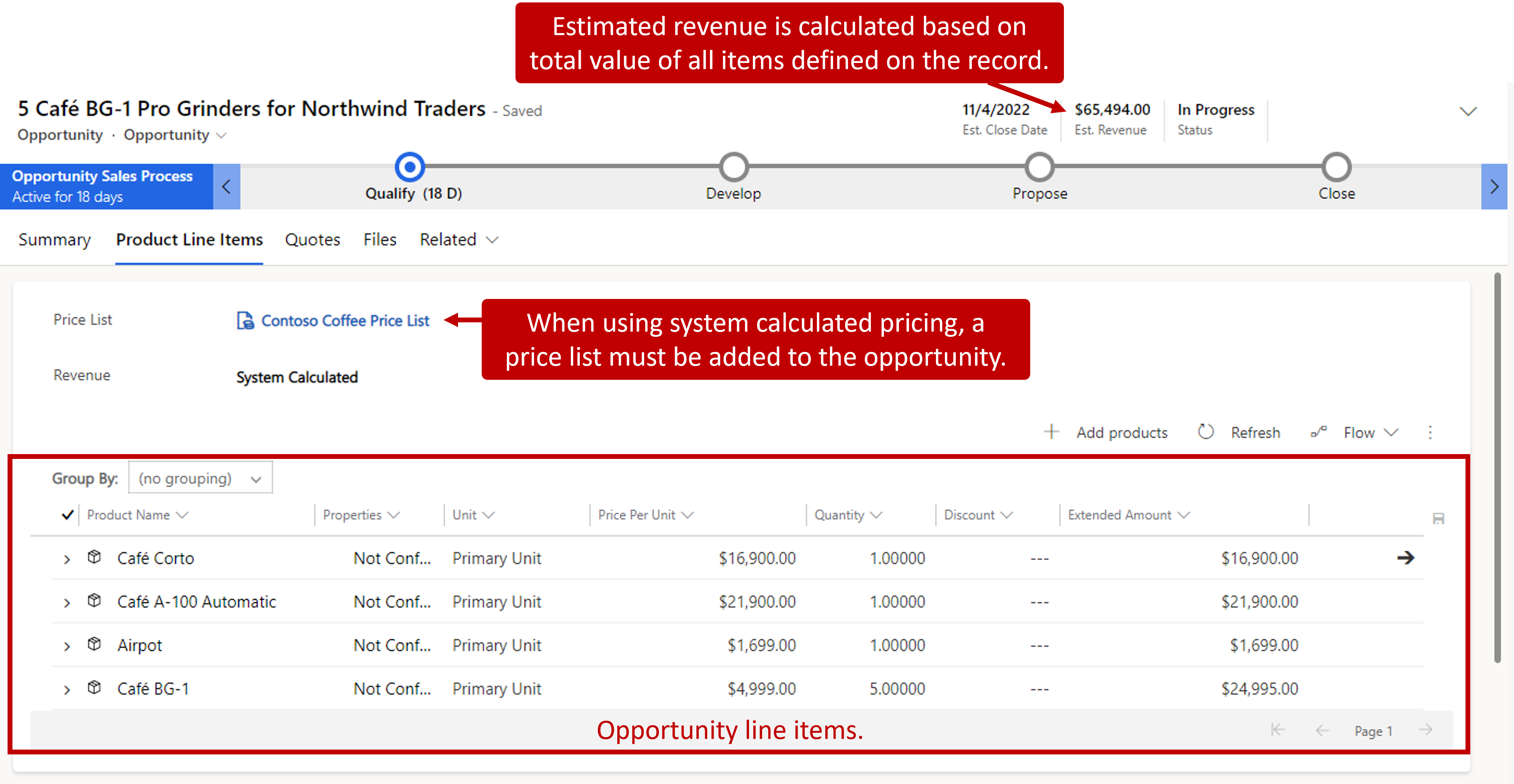 Captura de pantalla de oportunidad con revisión estimada calculada y lista de precios asignada.