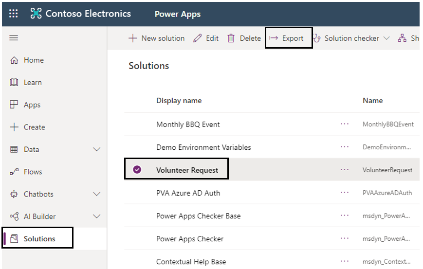 Captura de pantalla de la página Soluciones de Power Apps con Solicitud voluntaria seleccionada y el botón Exportar resaltado