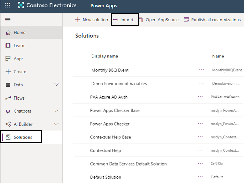 Captura de pantalla de la página Soluciones de Power Apps con el botón Importar resaltado