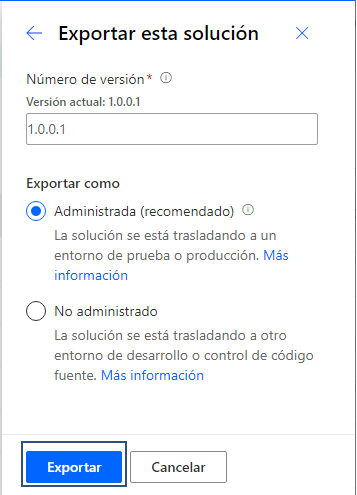 Captura de pantalla del cuadro de diálogo Exportar esta solución con Exportar como establecido como Administrado y el botón Exportar resaltado.