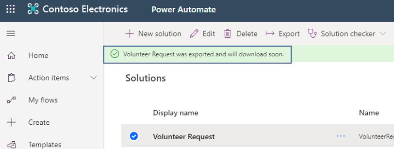 Captura de pantalla de Power Automate con el mensaje Se ha exportado la solicitud voluntaria y se descargará pronto