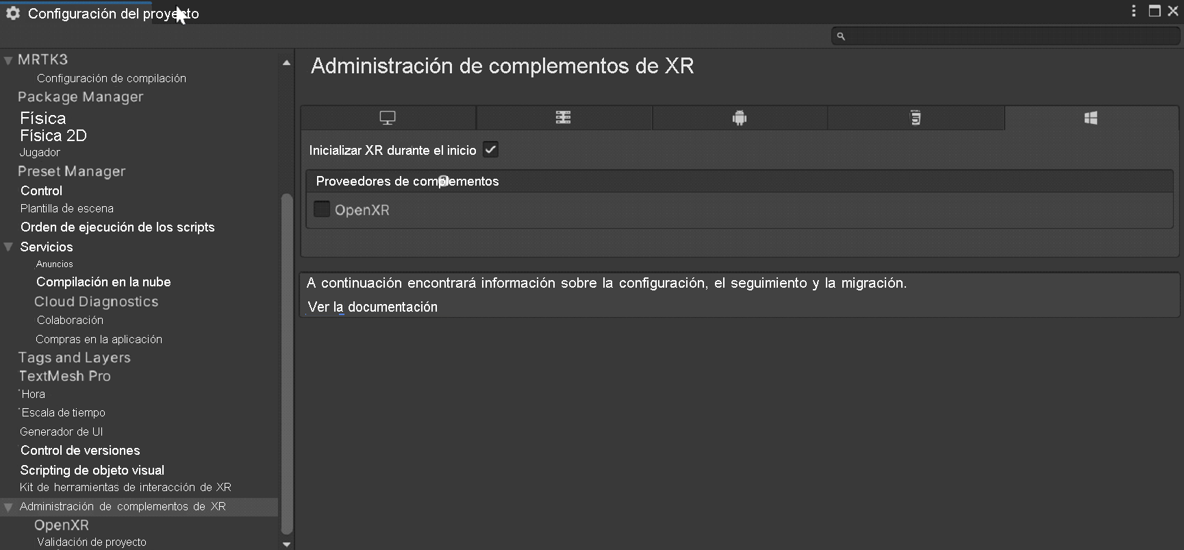 Screenshot of Initialize XR on Startup.