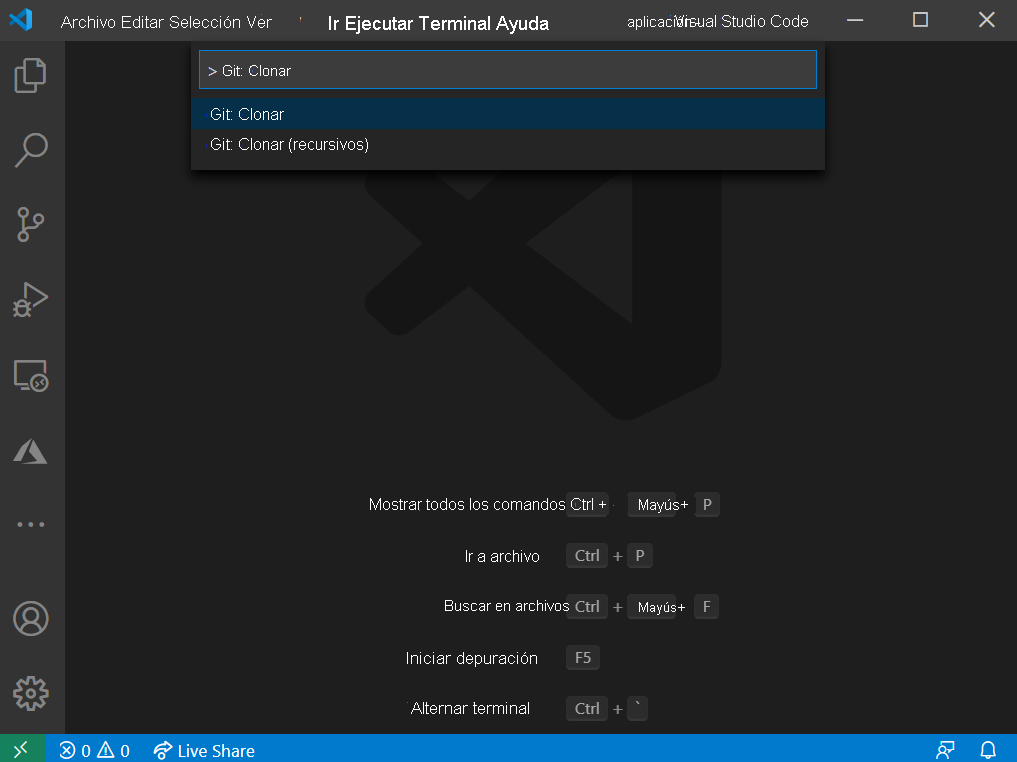 Screenshot that shows the clone repository menu item in Visual Studio Code.