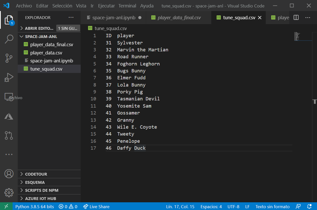 Screenshot that shows viewing the C S V file in Visual Studio Code.