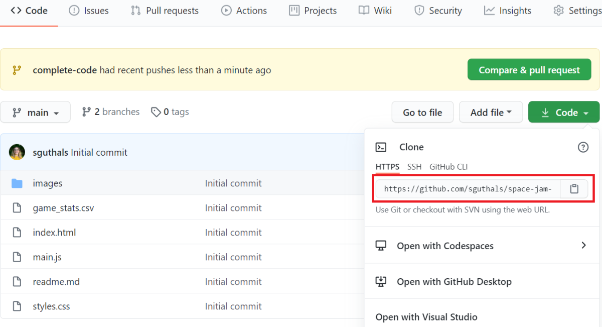 Screenshot that shows how to get the HTTPS URL of the repo from GitHub.com.