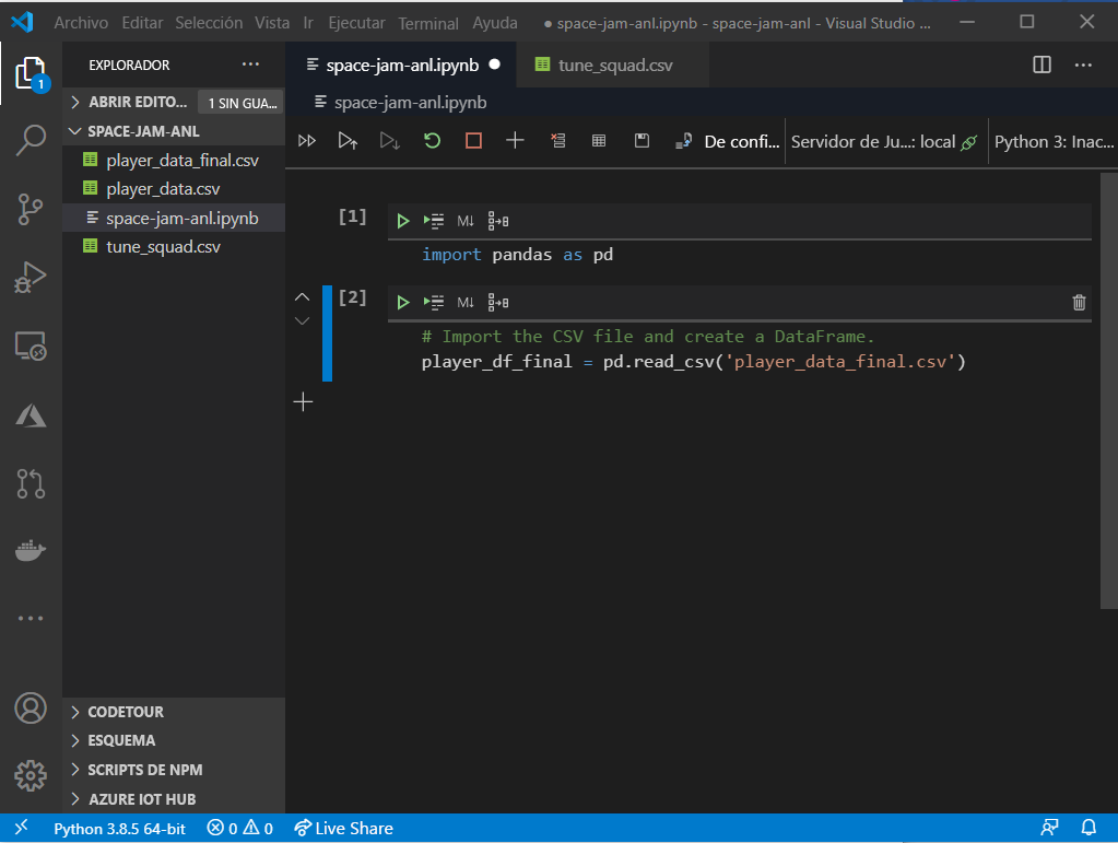 Screenshot that shows a successful data import in Visual Studio Code.