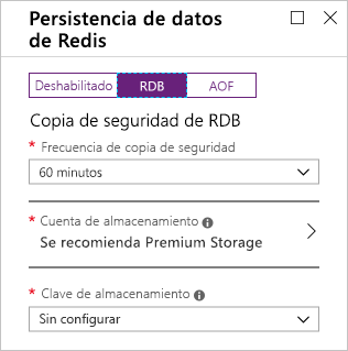 Captura de pantalla de Azure Portal que muestra las opciones de persistencia de RDB en una nueva instancia de Redis Cache.