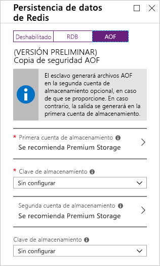 Captura de pantalla de Azure Portal en la que se muestran las opciones de persistencia de AOF en una nueva instancia de Redis Cache.