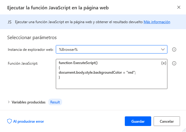 Captura de pantalla de la acción Ejecutar la función JavaScript en la página web