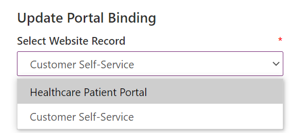 Screenshot of the Select Website Record options, with Healthcare Patient Portal selected.