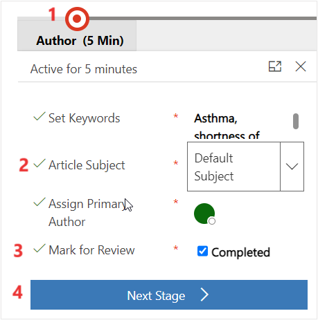 Screenshot of Author stage selected in the business process flow with keyword, subject, author, and review information.