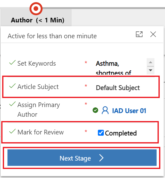 Screenshot of the Author stage with the Set Keywords, Article Subject, Assign Primary Author, and Mark for Review fields completed.