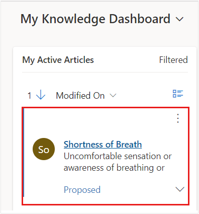 Screenshot of the Shortness of Breath article displayed in the My Active Articles stream in My Knowledge Dashboard.