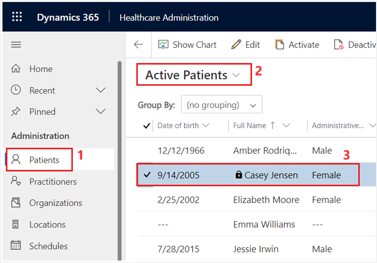 Screenshot of the Healthcare Administration page. The People menu option is selected and the Active Patients list is displayed.