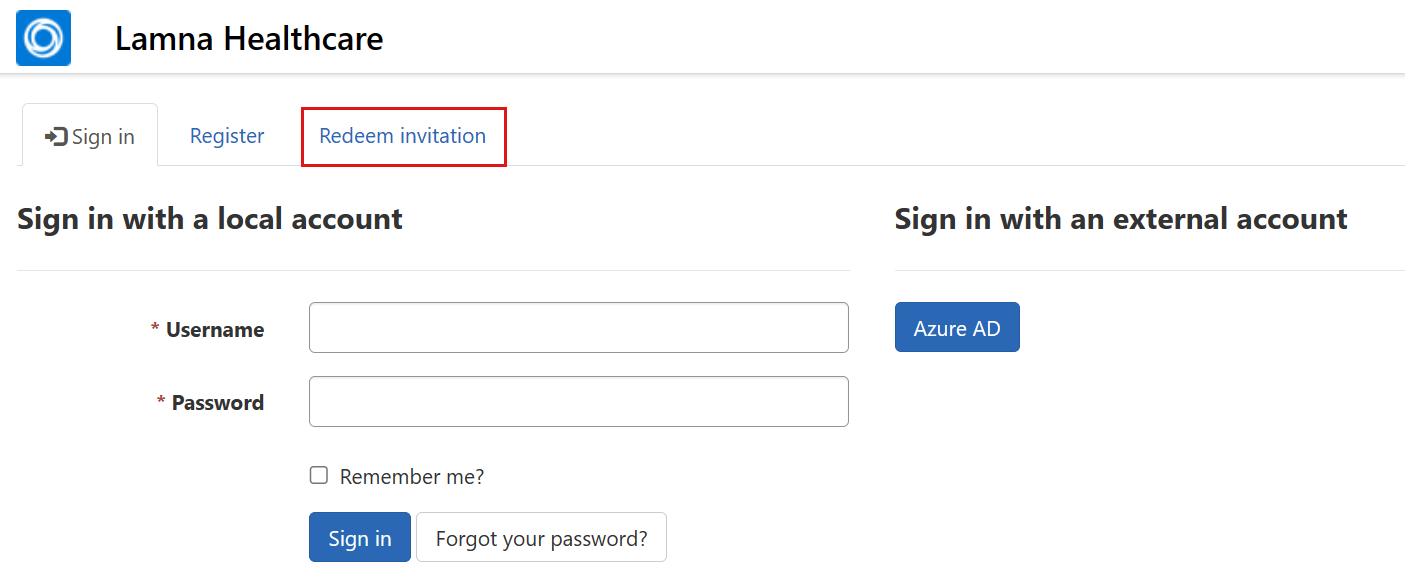 Screenshot of the Redeem invitation tab showing the Username and Password fields as blank.