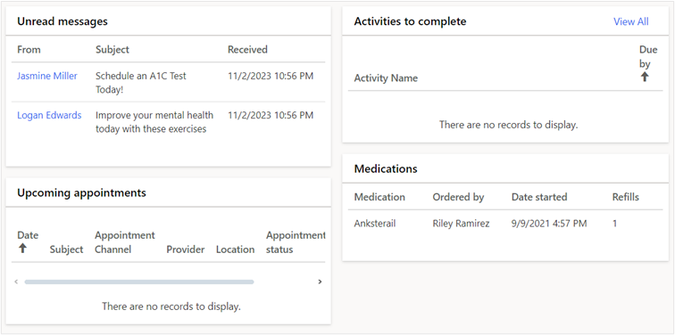 Screenshot of sample patient information, displaying the Unread messages, Upcoming appointments, and Medications sections.