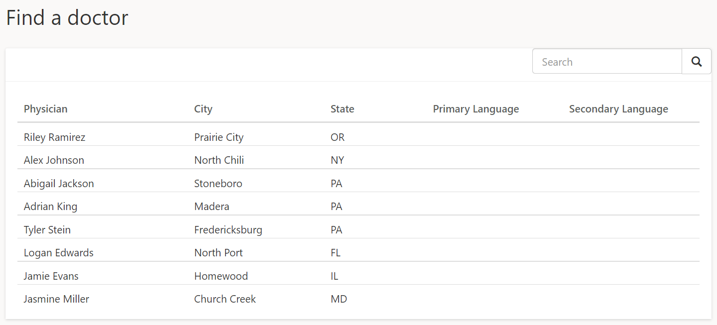 Screenshot of a list of physician names with corresponding city, state, primary language, and secondary language information.
