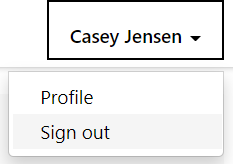 Screenshot of the patient name dropdown menu, showing the Profile and Sign out options.