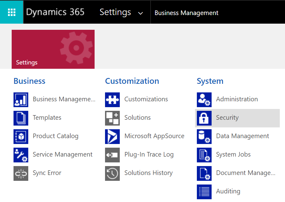 Screenshot of the Settings menu in Dynamics 365, showing the Security option highlighted.