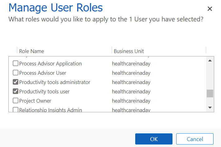Screenshot of the Manage User Roles list with Productivity tools administrator and Productivity tools user options selected.