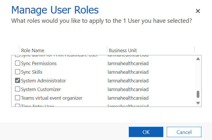 Screenshot of the Manage User Roles menu with the System Administrator role selected.