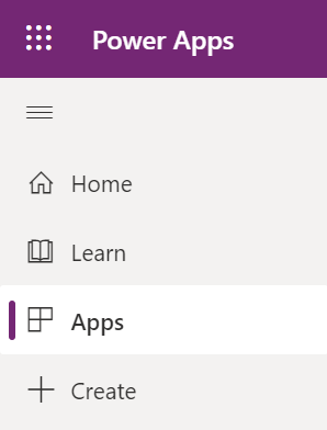 Screenshot of the Power Apps menu with the Apps option selected.